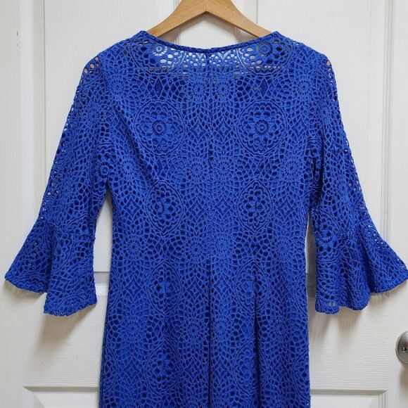 Leslie Fay Dress 6 Blue Floral Crochet Lace Bell Slv Lined Boho Coastal Grandma - Picture 3 of 10